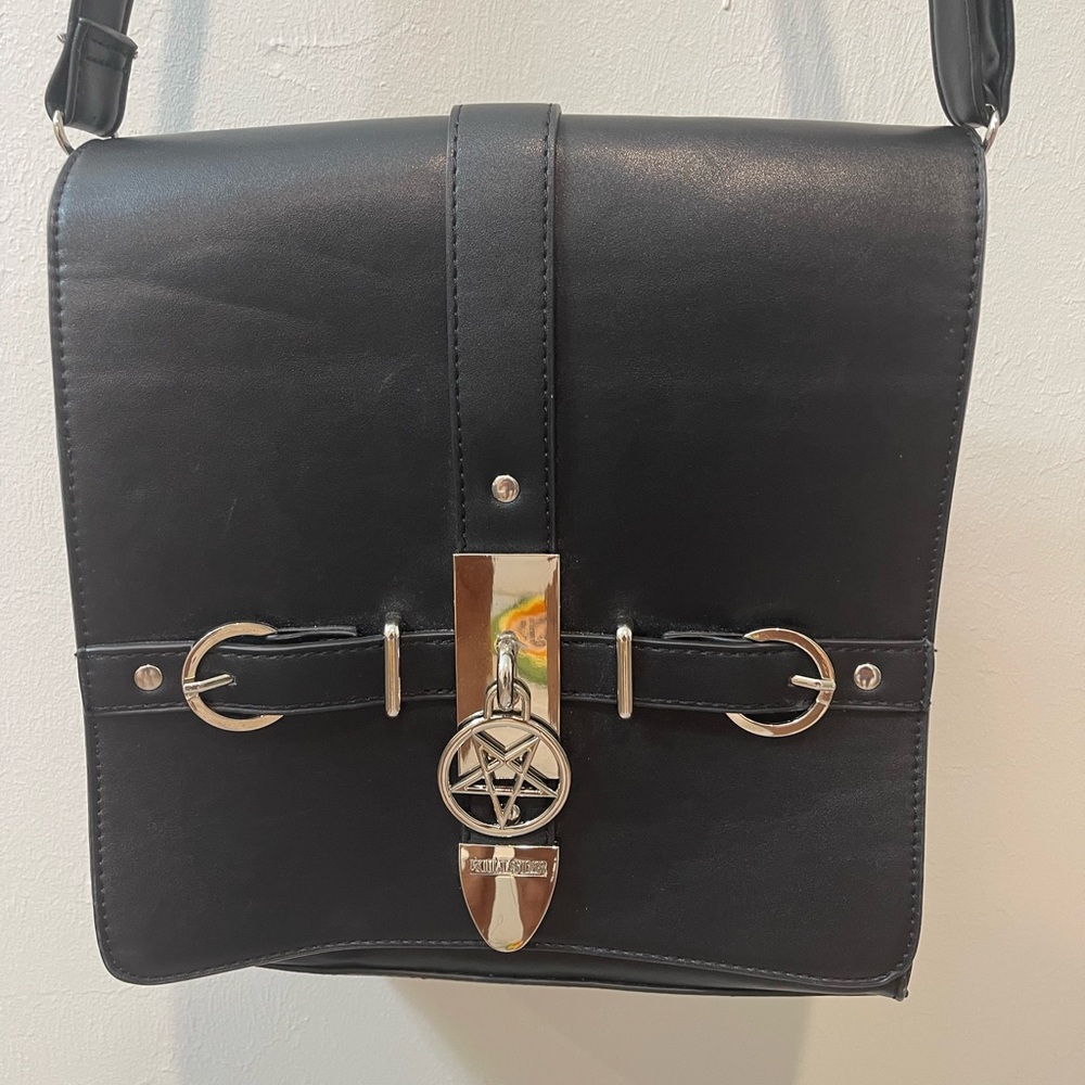 Killstar Black Leather Crossbody Bag with Silver Accents